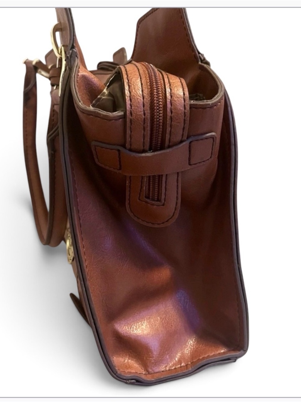 London Fog Brown Faux Leather Satchel Shoulder Bag Gold Tone Hardware Zip Pocket - Picture 4 of 9